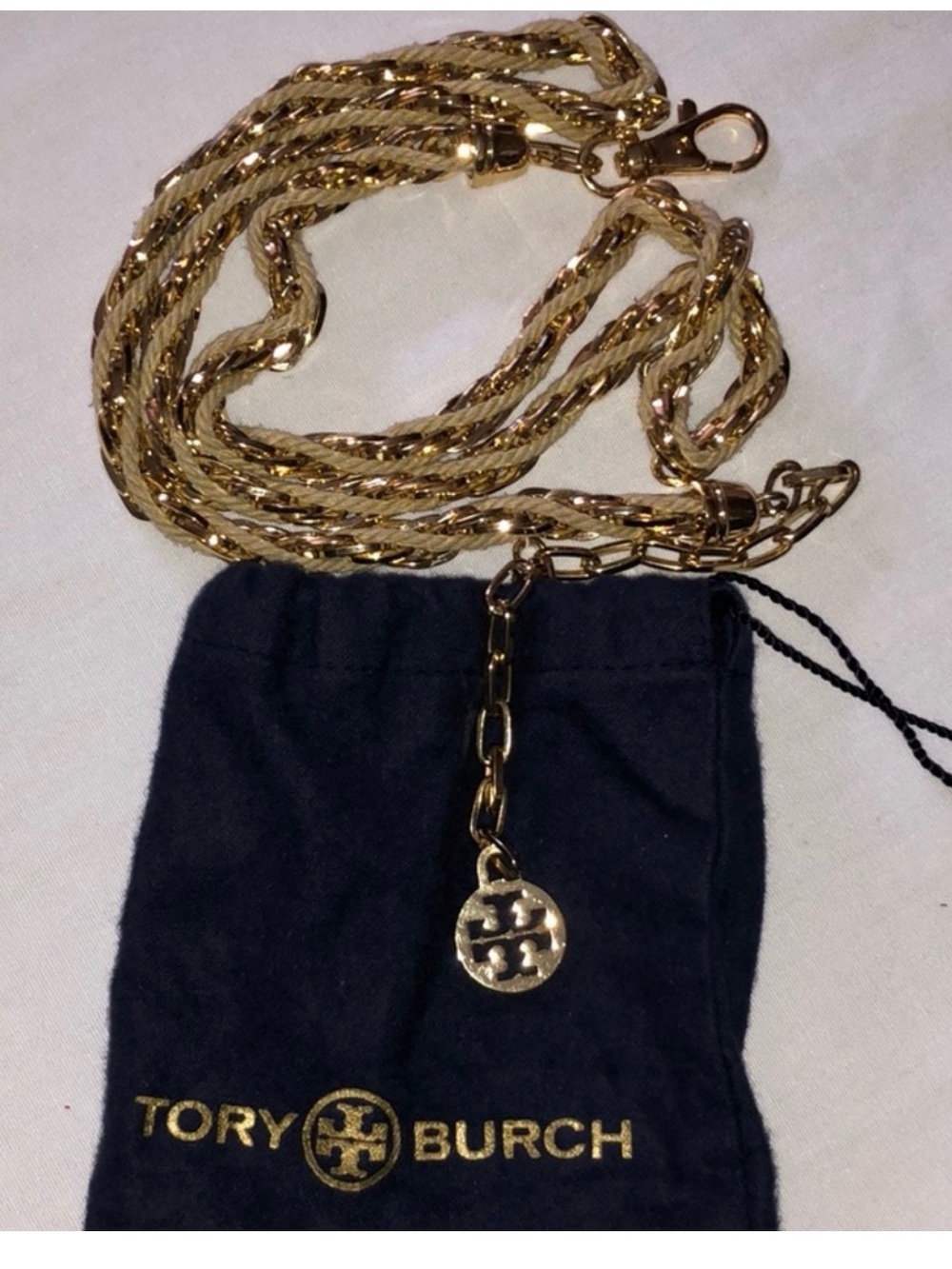 Tory Burch Shiny Gold Rope Chain Necklace with Logo Charm